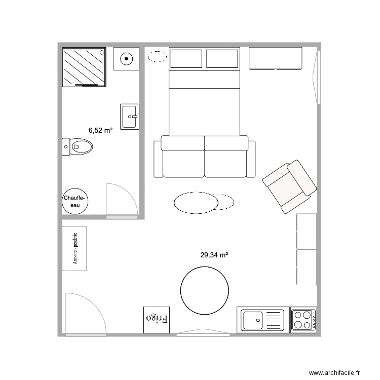 Studio . Plan de 2 pièces et 36 m2