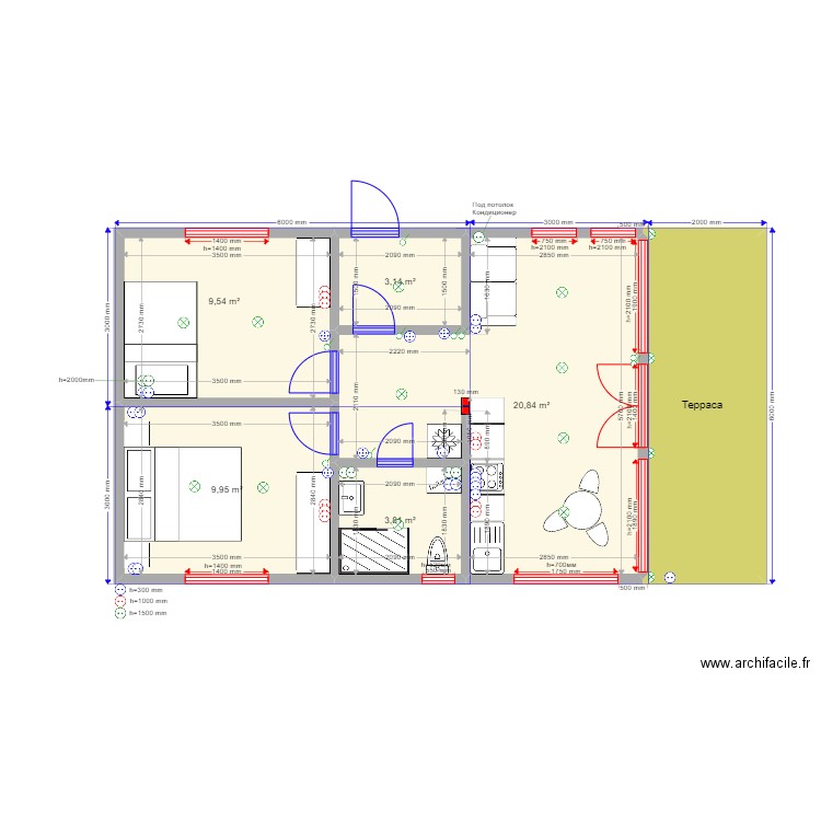 3ка Барн Мележа. Plan de 6 pièces et 58 m2