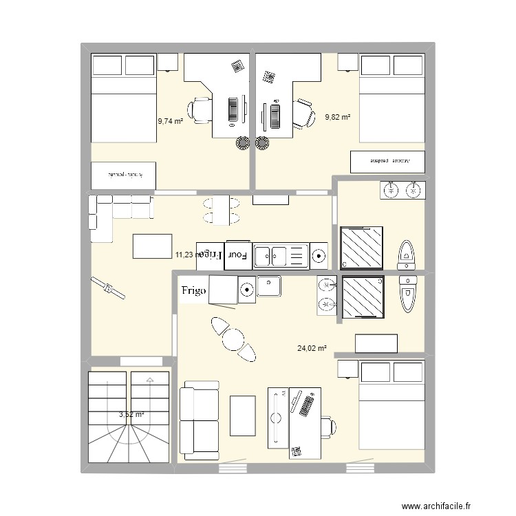 appart THIB fini LOTS. Plan de 5 pièces et 58 m2