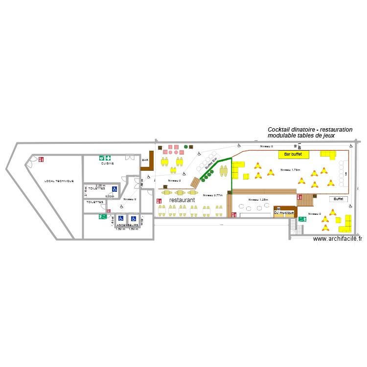 1 Sénario restauration cocktail modulable tables de jeux. Plan de 0 pièce et 0 m2