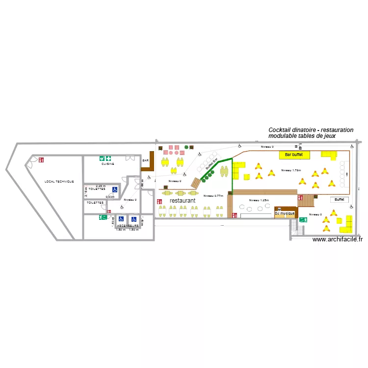 1 S&eacute;nario restauration cocktail modulable tables de jeux. Plan de 