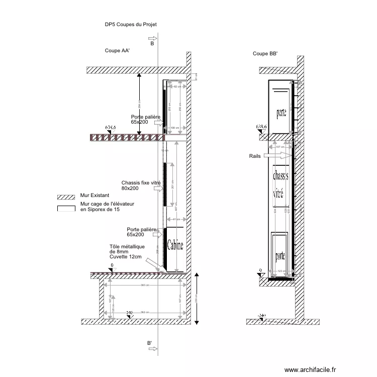 DP5 Coupe BB  cave. Plan de 