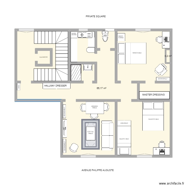 TANG. Plan de 2 pièces et 65 m2