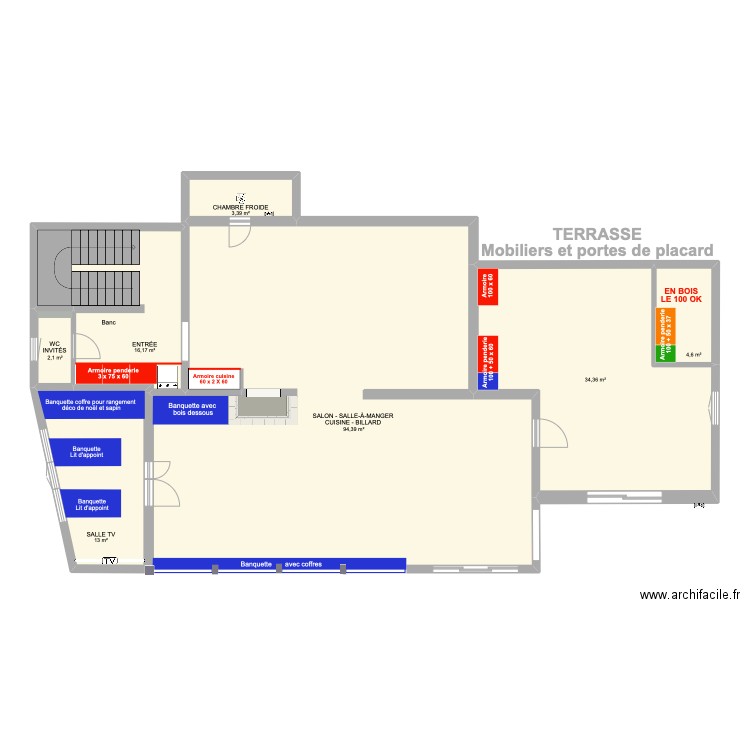 TERRASSE Mobiliers et portes de placard. Plan de 7 pièces et 168 m2