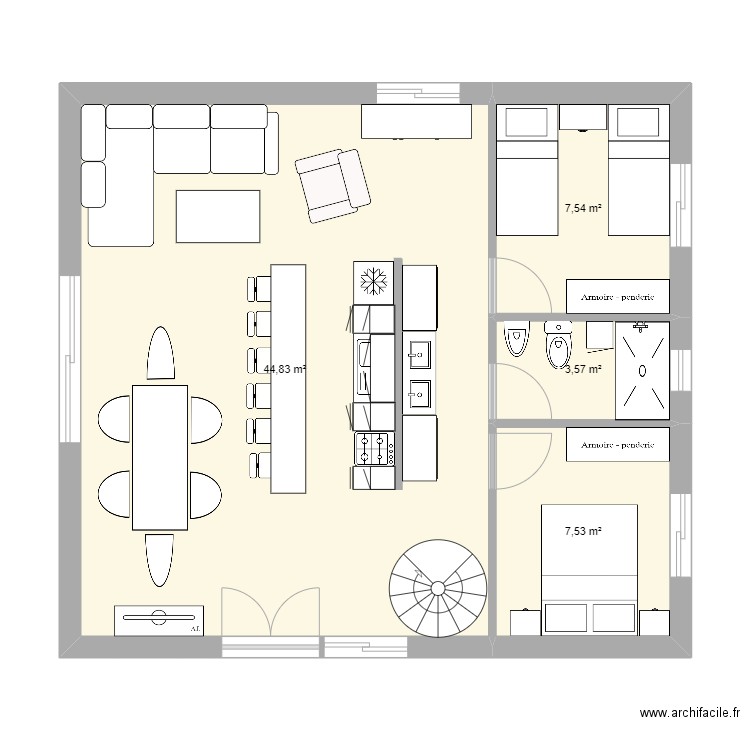 cabaña 4 ch. Plan de 7 pièces et 85 m2