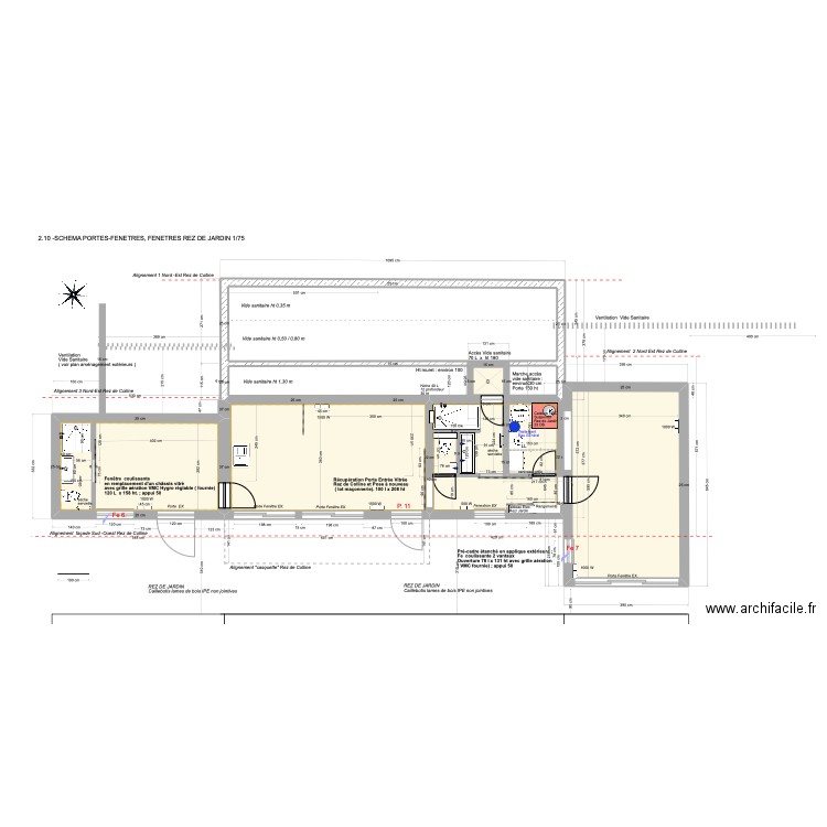 2.10-  SCHEMA PORTES-FENETRES, FENETRES REZ DE JARDIN 1/75. Plan de 7 pièces et 105 m2