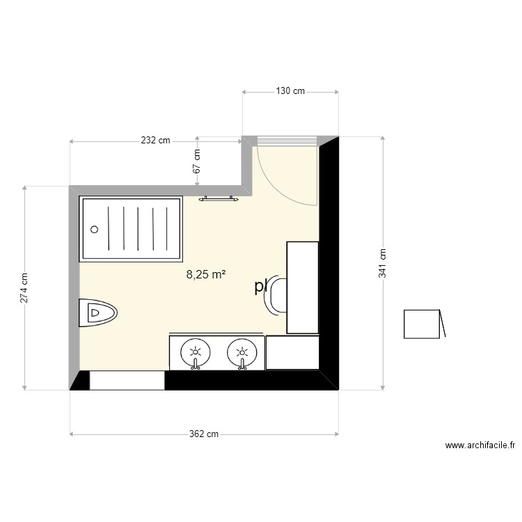 SDB version 3. Plan de 1 pièce et 8 m2