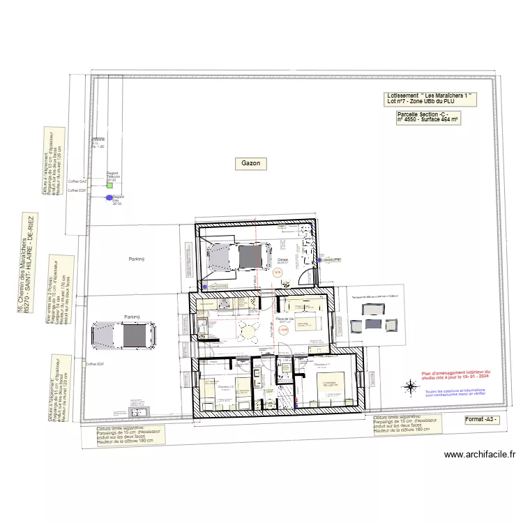 Plan int&eacute;rieur du studio et am&eacute;nagement. Plan de 