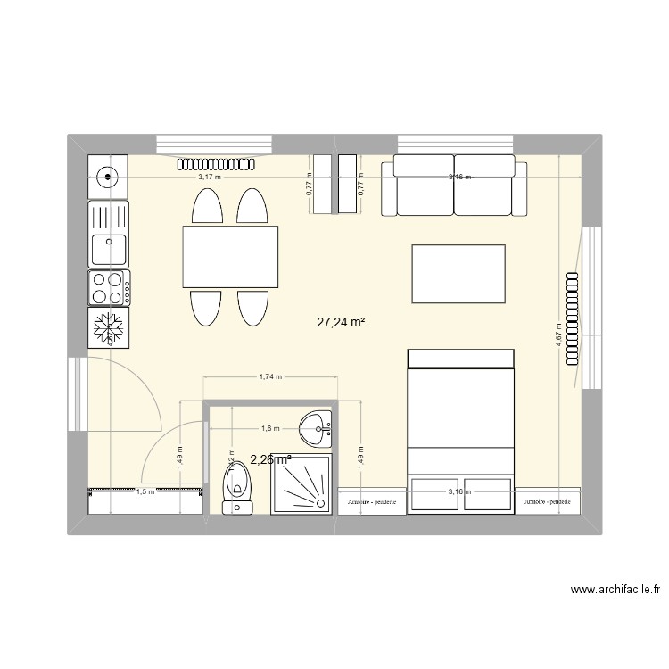 Studio  solution 1. Plan de 2 pièces et 30 m2