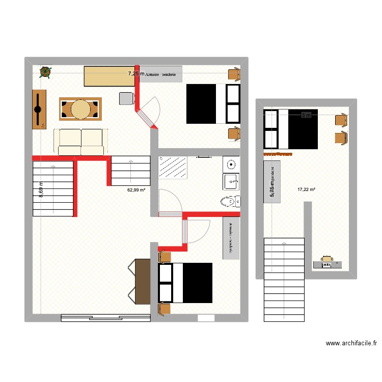 Bouffier. Plan de 2 pièces et 80 m2