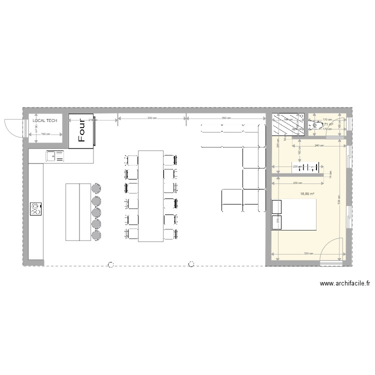Pool house. Plan de 2 pièces et 21 m2