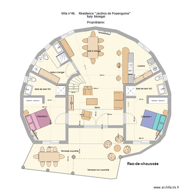 Villa teranga Rez de chaussée. Plan de 2 pièces et 110 m2