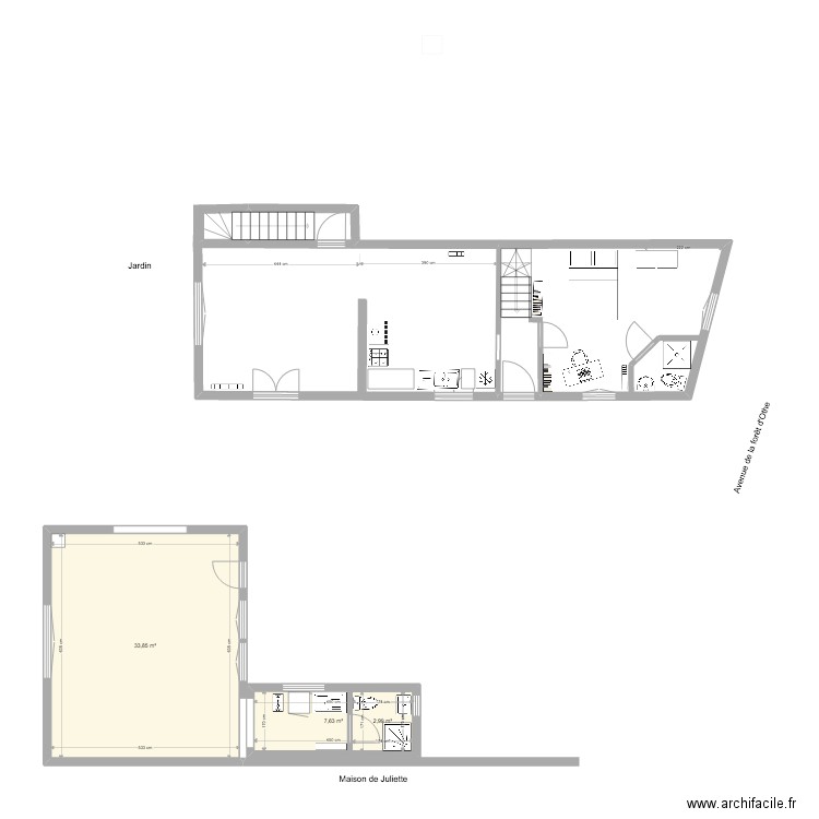 plan cuisine au milieu. Plan de 3 pièces et 44 m2