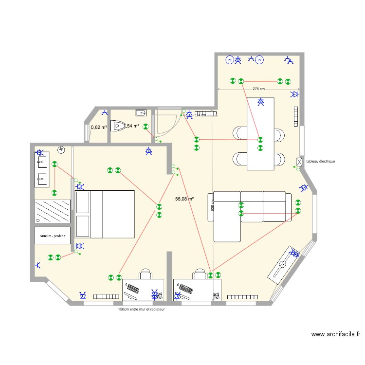 Appart 2eme Soignies meublé élec. Plan de 3 pièces et 57 m2