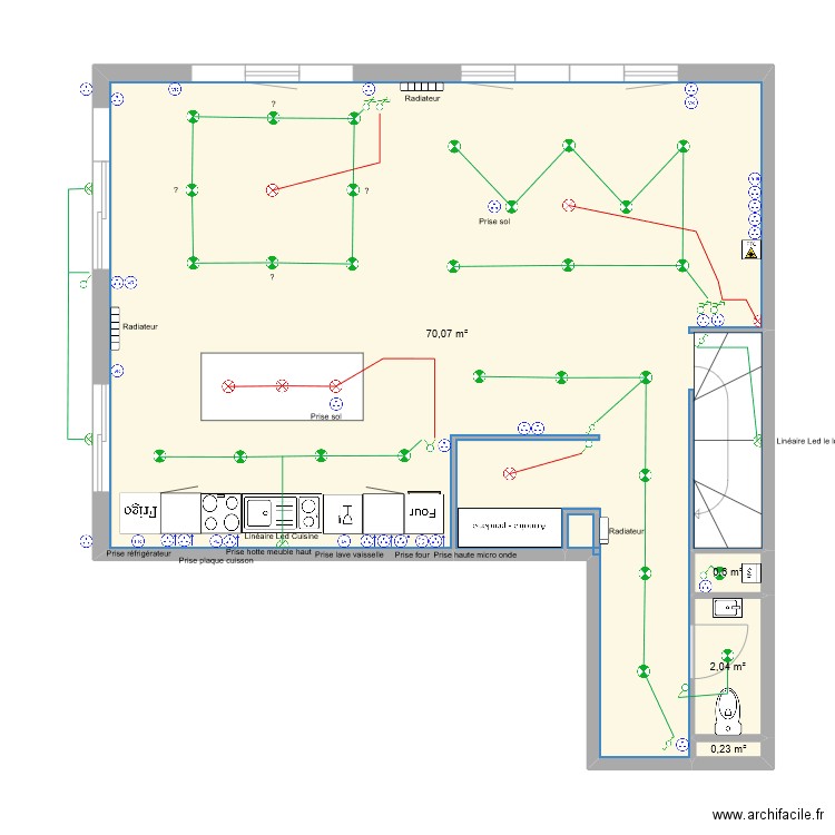 RDC Plans électriques. Plan de 4 pièces et 73 m2