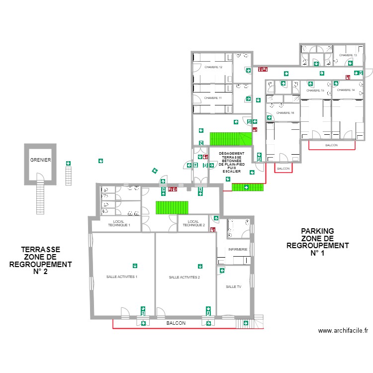 PLAN ÉVACUATION 1er ÉTAGE. Plan de 16 pièces et 294 m2