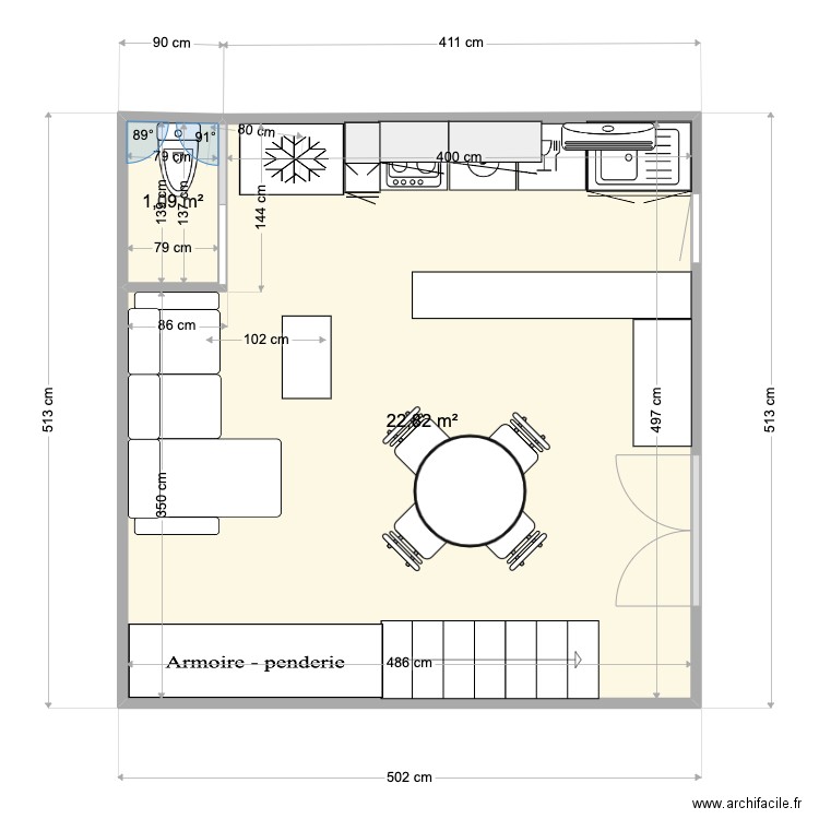 EDEN 7 Cuisine 2. Plan de 2 pièces et 24 m2