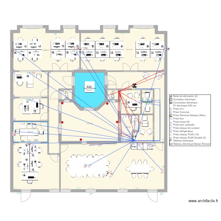 276 PRADO 1er étage - Prise + RJ45 + autres. Plan de 16 pièces et 157 m2