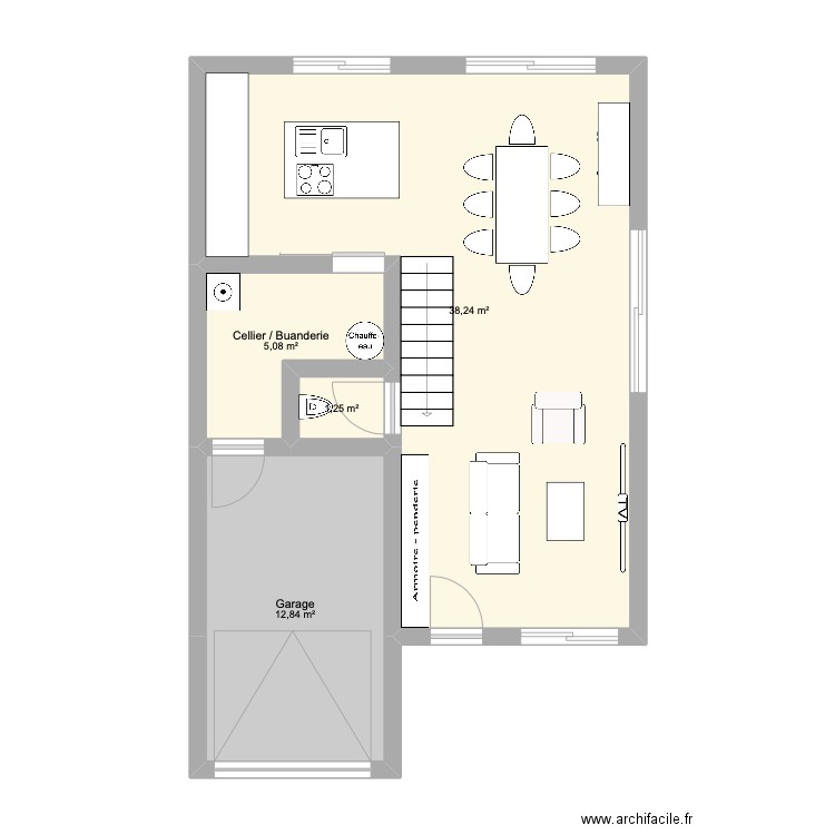 RDC. Plan de 4 pièces et 57 m2