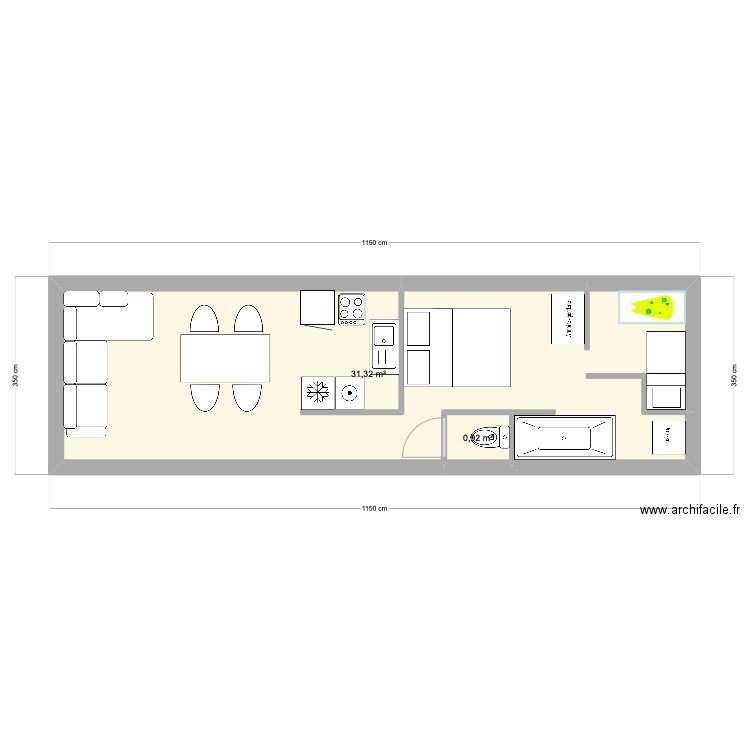 mobilhome. Plan de 2 pièces et 32 m2