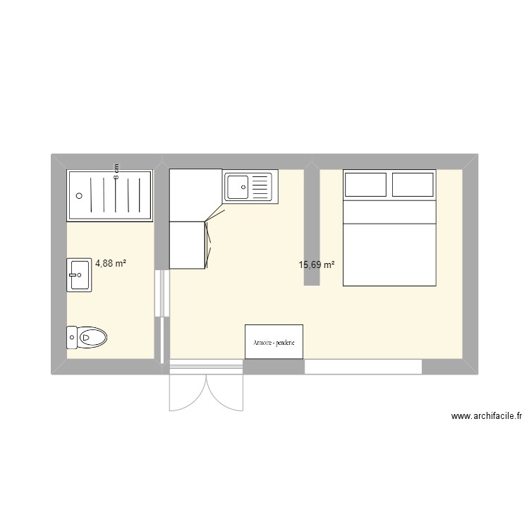 Studio 2. Plan de 2 pièces et 21 m2