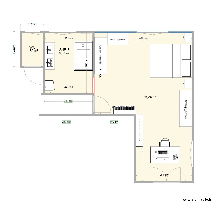 Plan Niveau R+1_porte1 et lit. Plan de 3 pièces et 34 m2