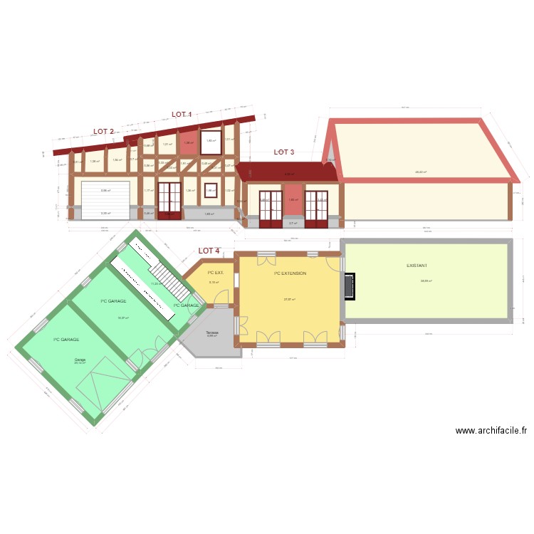 PROJET TRAVAUX PC EXTENSION + PC GARAGE 2. Plan de 41 pièces et 218 m2