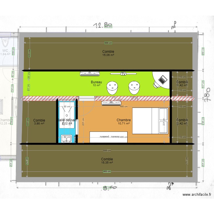 Plan Renovation combles. Plan de 21 pièces et 140 m2