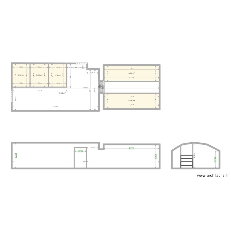 Cave. Plan de 15 pièces et 74 m2