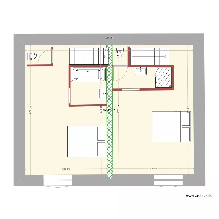 Plan &eacute;tage avec esclier bifurqu&eacute;. Plan de 