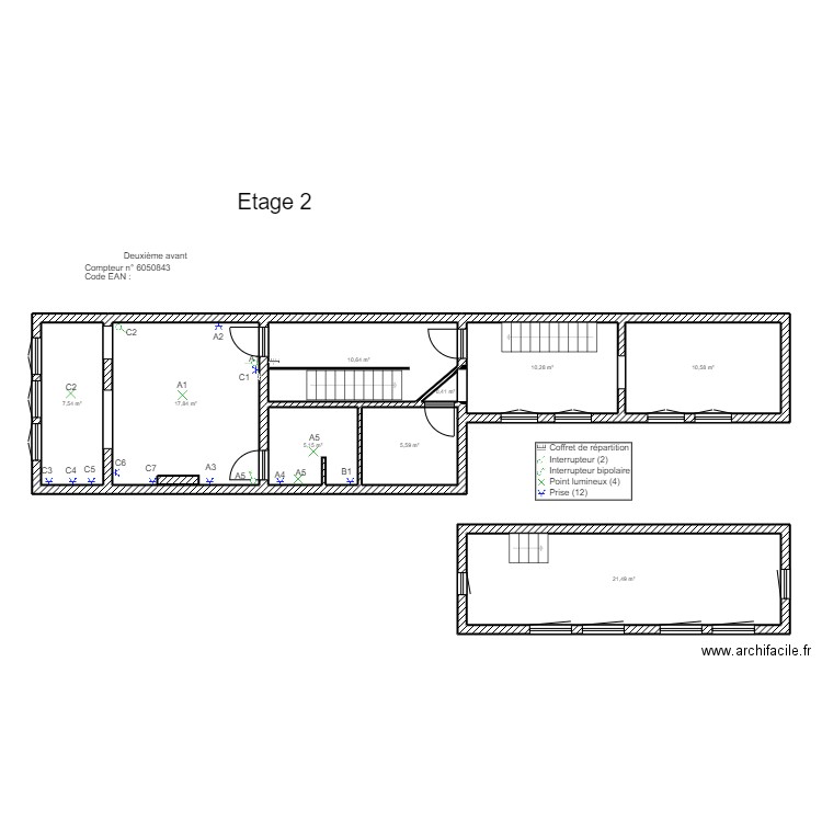Electricité:Deuxième et troisiéme étage Saint Gilles 302 Liège  . Plan de 9 pièces et 90 m2