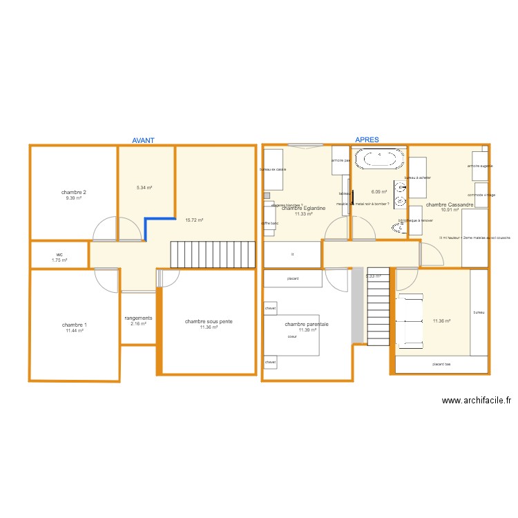 NOLIX plan d'origine AVANT/APRES - Etage . Plan de 14 pièces et 114 m2