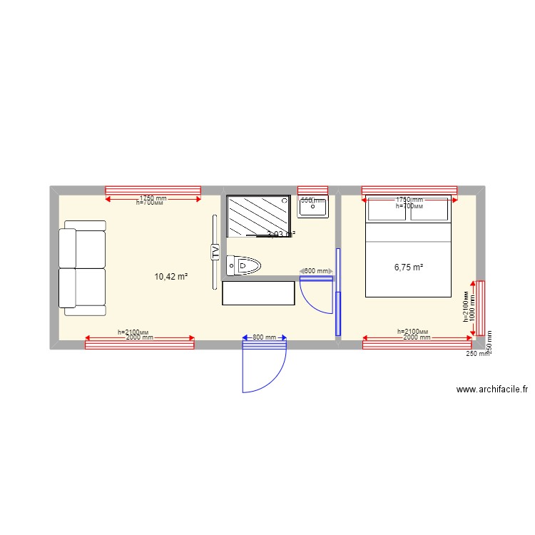  24v2.2. Plan de 3 pièces et 20 m2