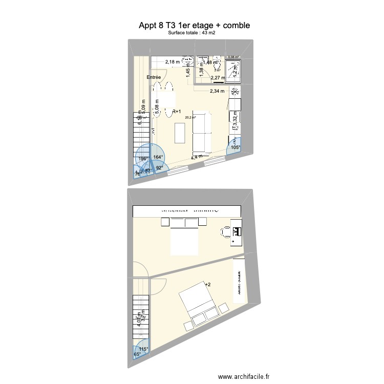 Appt 5 T3 1ere etage. Plan de 7 pièces et 63 m2