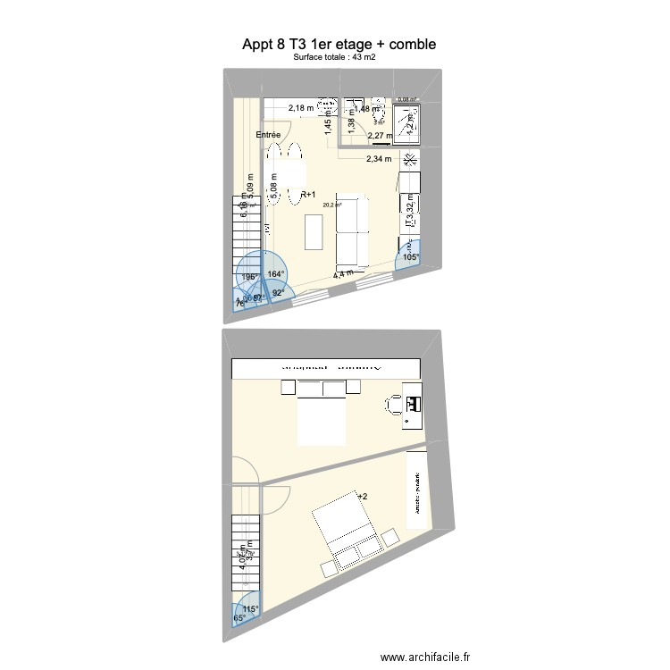 Appt 5 T3 1ere etage. Plan de 6 pièces et 64 m2