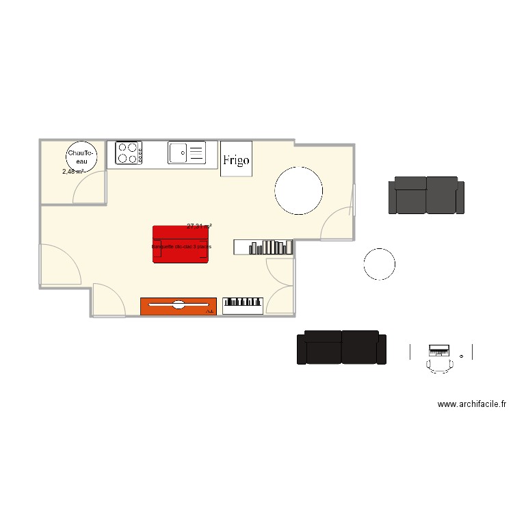 Pièce de vie. Plan de 2 pièces et 30 m2