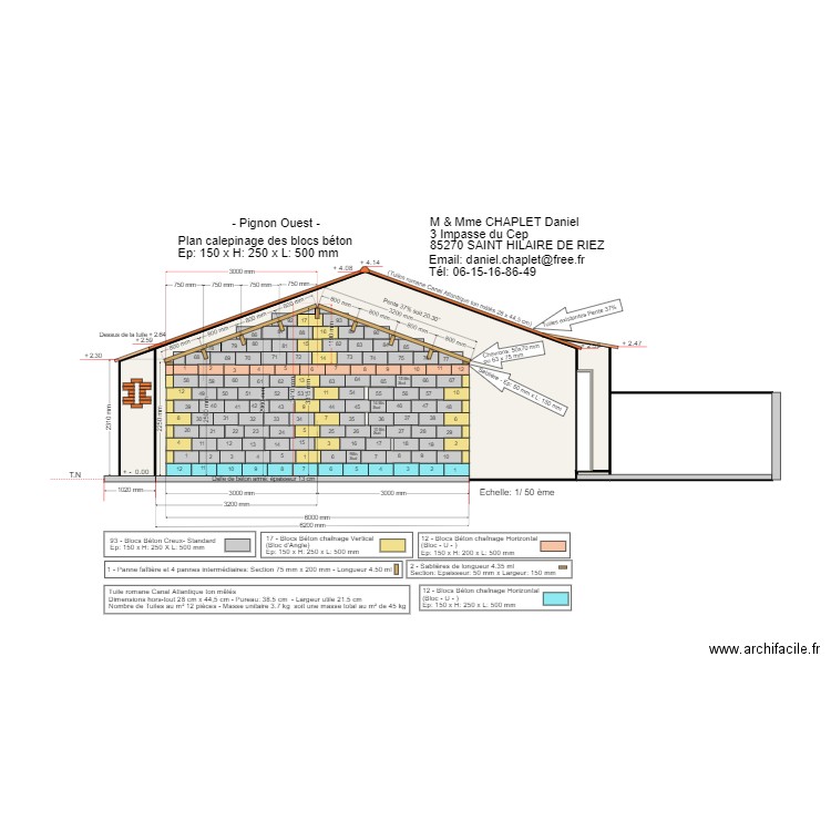 Pignon Ouest Bloc béton creux Hauteur 25 cm. Plan de 4 pièces et 31 m2