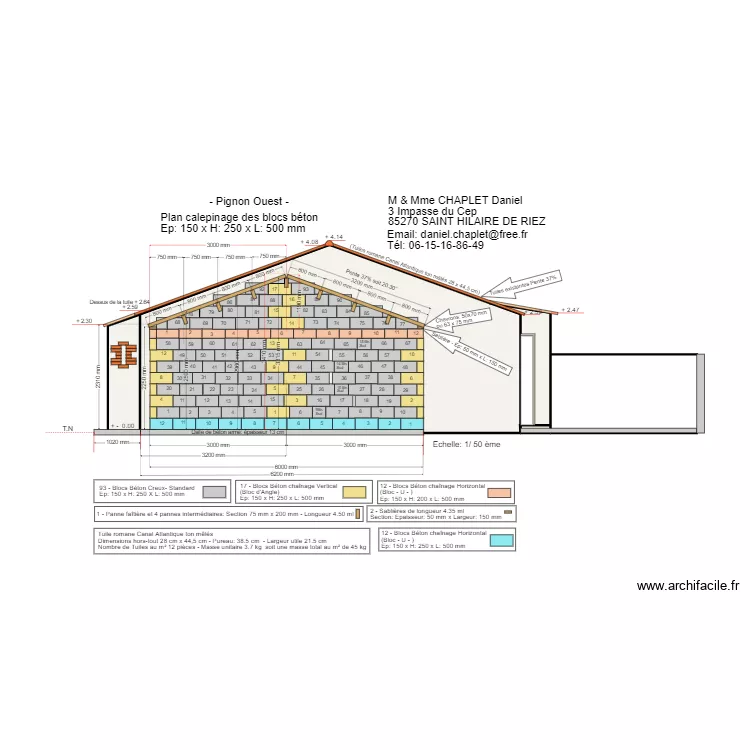 Pignon Ouest Bloc b&eacute;ton creux Hauteur 25 cm. Plan de 