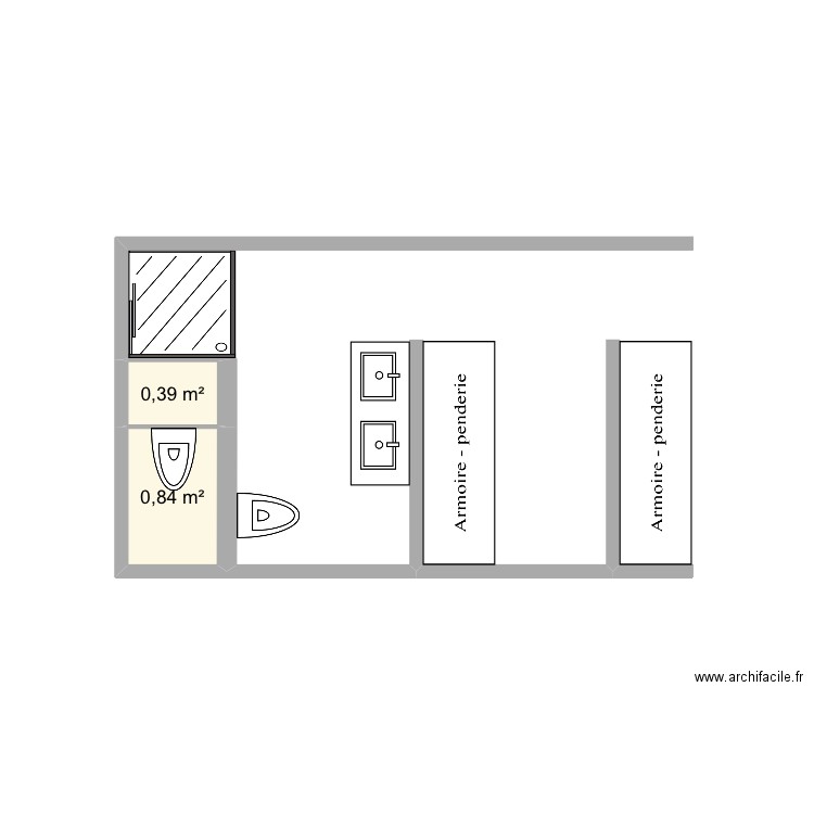 sdb. Plan de 2 pièces et 1 m2