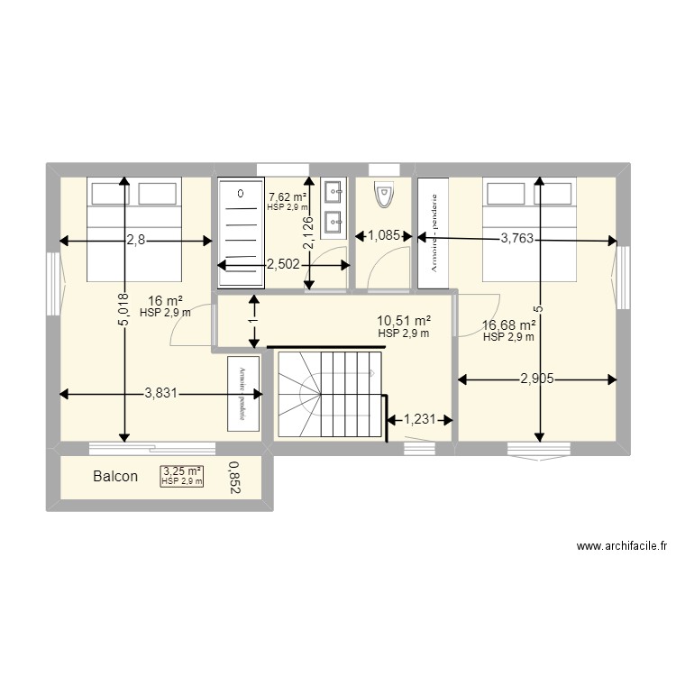 étage 3. Plan de 5 pièces et 54 m2