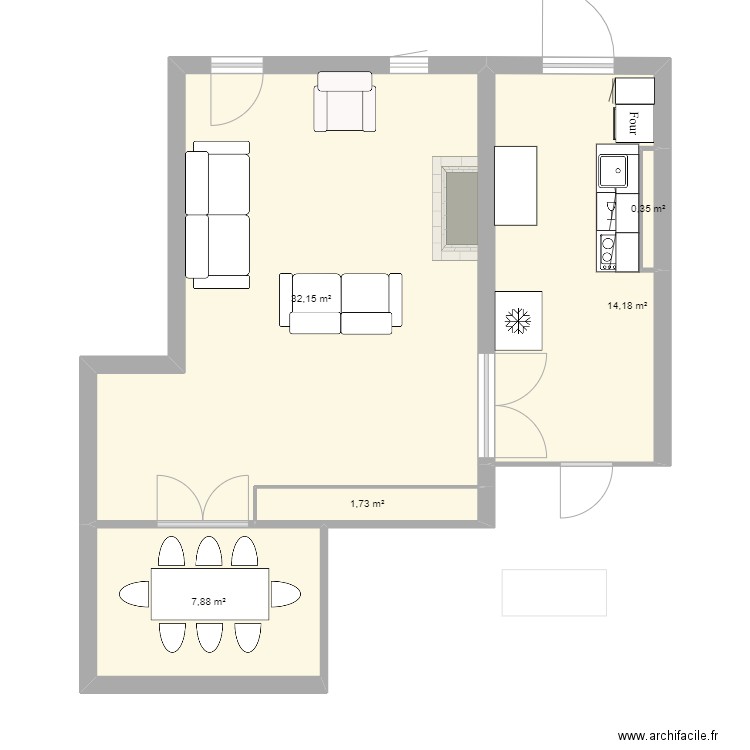 Cuisine. Plan de 5 pièces et 56 m2