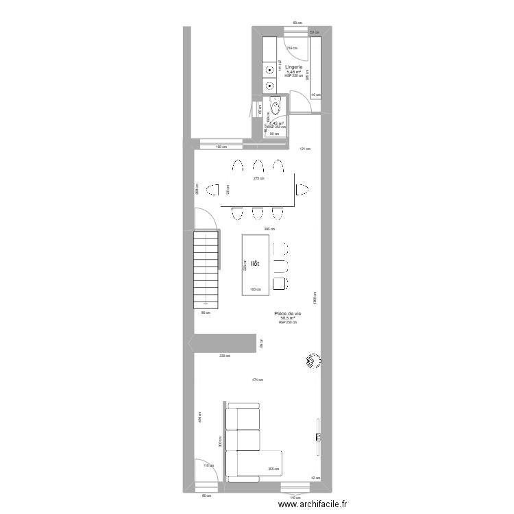 Rez de Chaussé - Projet 2-1 - Escalier. Plan de 3 pièces et 65 m2