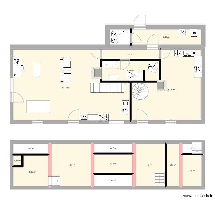 rdc. Plan de 16 pièces et 153 m2