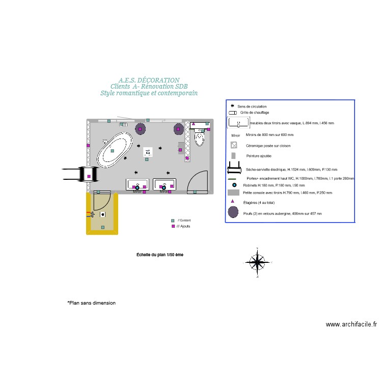 Plan SDB murs, couleurs, mobiliers. Plan de 2 pièces et 13 m2