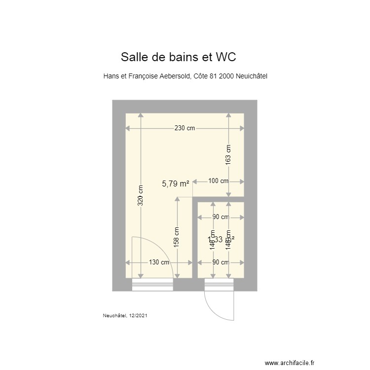 Salle de bains et WC. Plan de 2 pièces et 7 m2