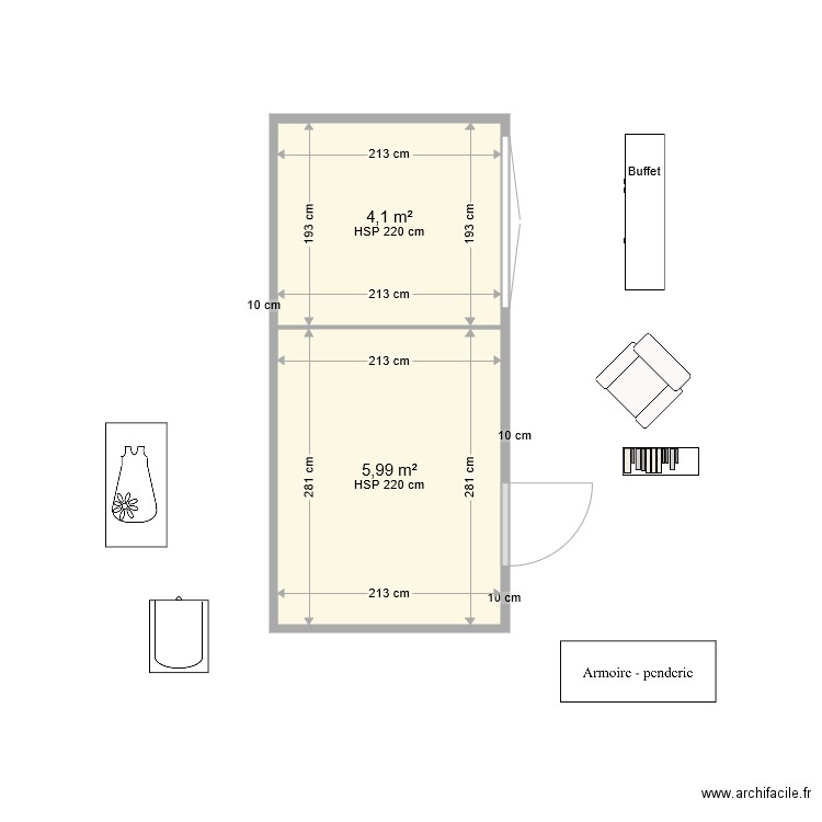 Véranda en chambre V0. Plan de 2 pièces et 10 m2