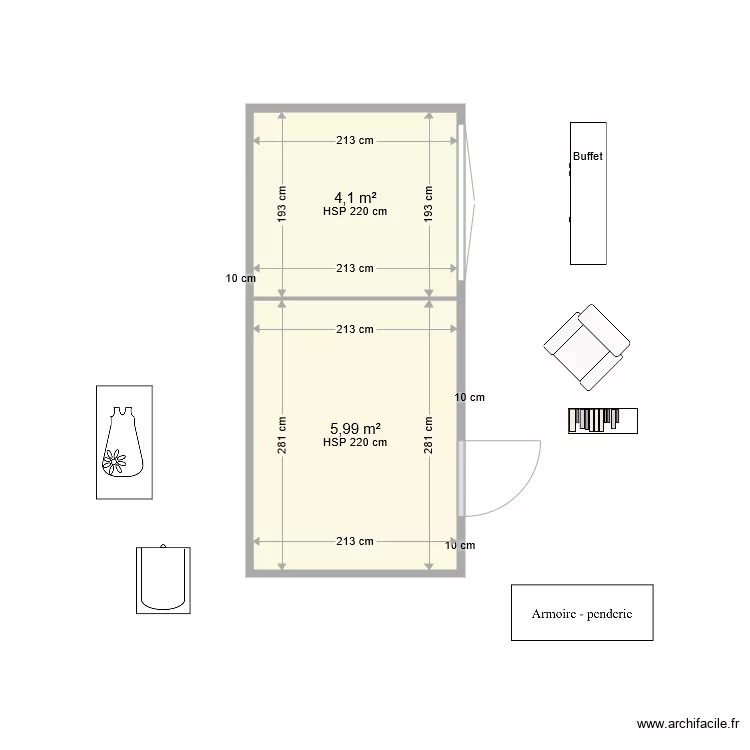 V&eacute;randa en chambre V0. Plan de 