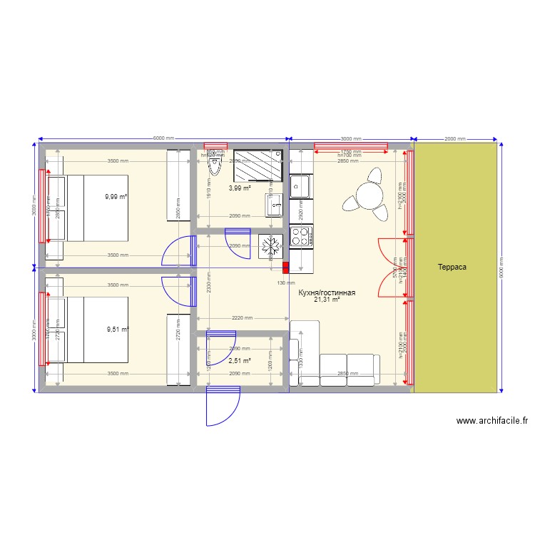 3ка Барн. Plan de 6 pièces et 58 m2