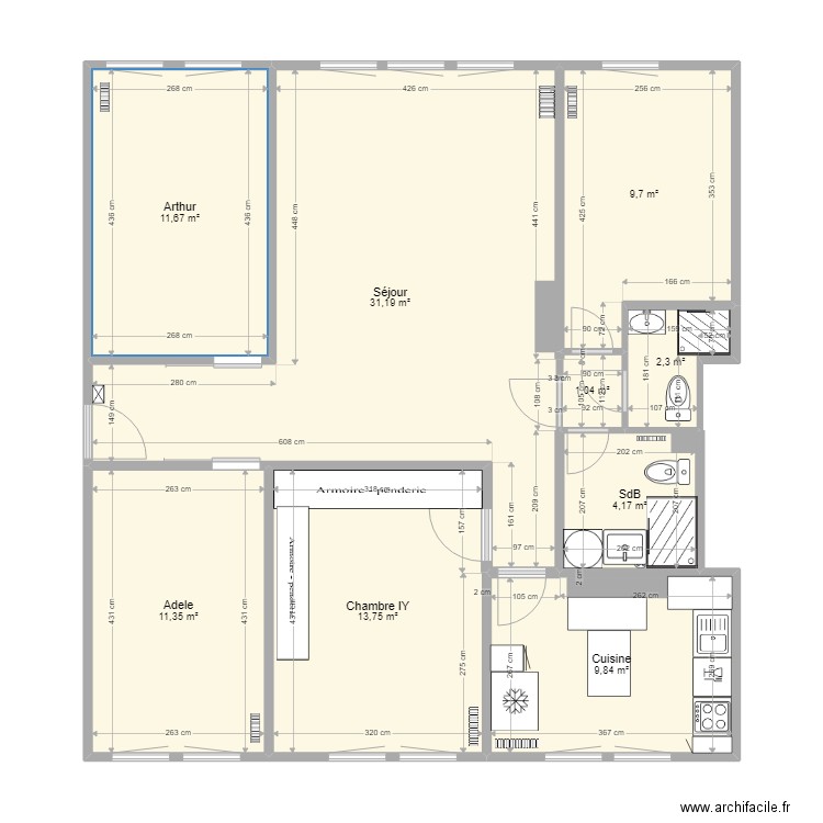 Montrouge Plan04 SdE Optimisée, Base cuisine. Plan de 9 pièces et 95 m2