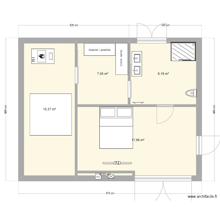 projet chambre 1. Plan de 5 pièces et 50 m2